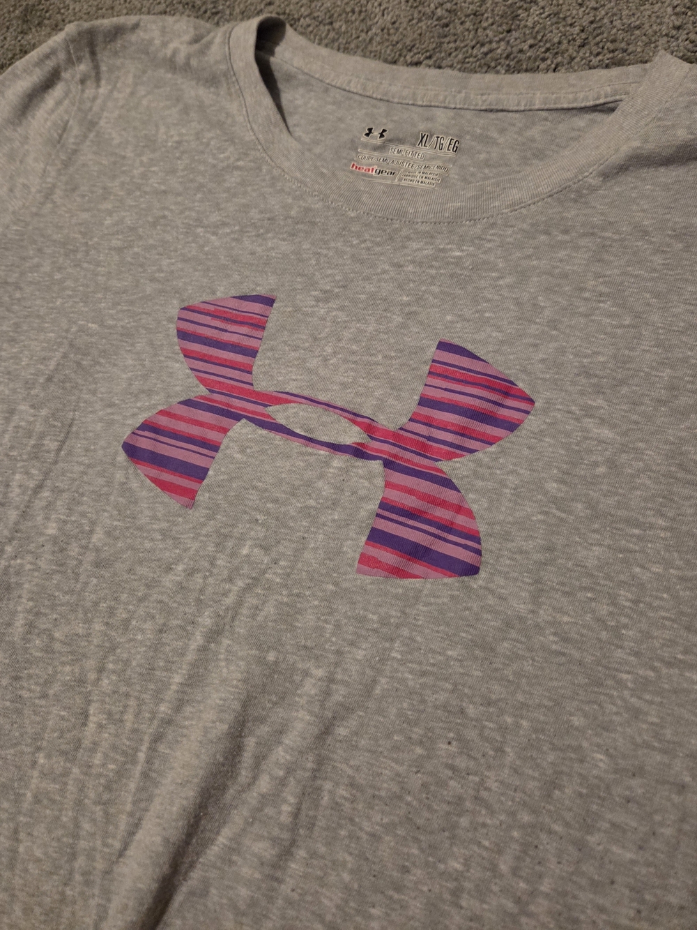 Under Armour Light Gray Tee with Pink & Purple Striped Logo